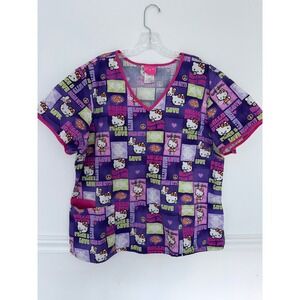 Vintage 2010 Hello Kitty Sanrio Peace & Love Scrub Top Purple Pink 2XL Kawaii